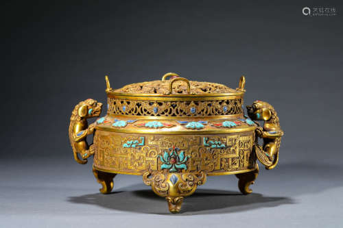 A Chinese Gilt-Bronze Tripot Censer