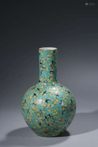 A Chinese Porcelain Turquoise Ground Magpie Vase Marked Qian...