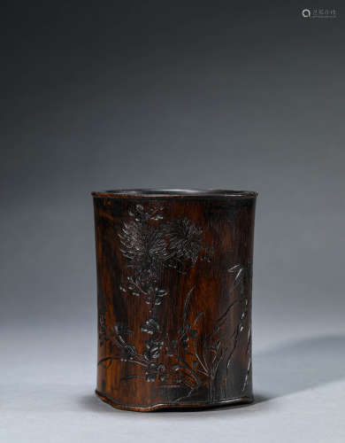 A Chinese Zitan Wood Carved Brush Pot