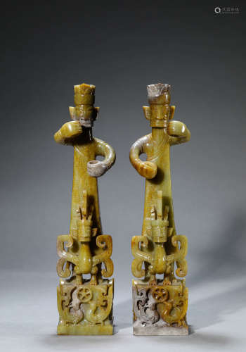 A Pair of Chinese Jade Figure Statues
