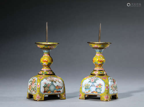 A Pair of Chinese Enamel Painted Longevity Candle Stickers M...