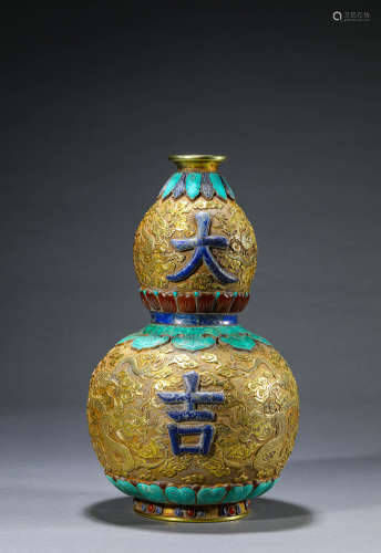 A Chinese Gilt-Bronze Gem Inlaid Double-Gourd Vase