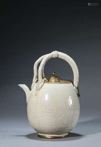 A Chinese Porcelain White Glazed Carved Kettle