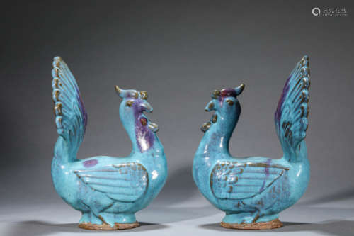 A Pair of Chinese Porcelain Jun-Type Roosters