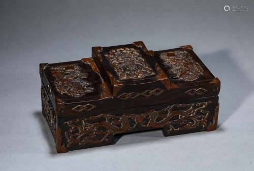 A Chinese Red Wood Phoenix and Dragon Box and Cover