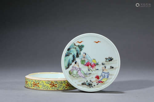 A Chinese Porcelain Famille Rose Story Box and Cover Marked ...