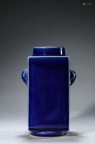 A Chinese Porcelain Blue-Glazed Cong Vase Marked Qian Long