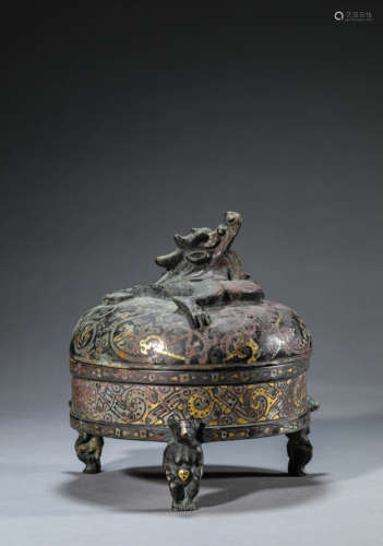 A Chinese Gold and Silver Inlaid Dragon Inkstone Box