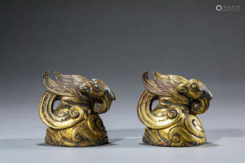 A Pair of Chinese Gilt-Bronze Beast Paper Weights