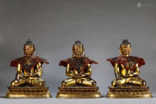A Chinese Gilt-Bronze Sakyamuni Bhaisajyaguru and Amitabha S...