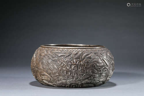 A Chinese Silver Dragon and Cloud Bowl Marked Qian Long