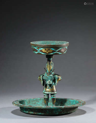 A Chinese Gold Inlaid Bronze Candle Holder