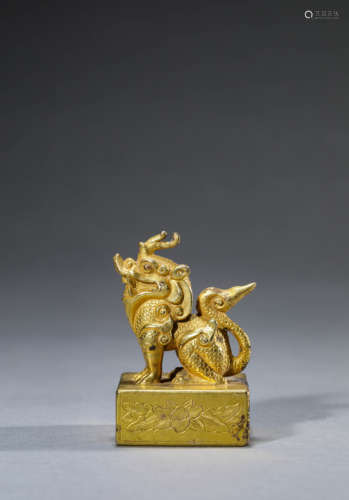 A Chinese Gilt-Bronze Beast Seal