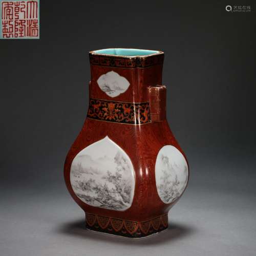 CHINESE PAN RED INK COLOR EAR BOTTLE, QING DYNASTY QIANLONG ...