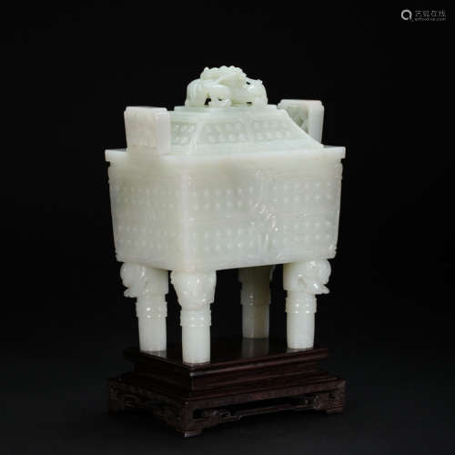 CHINESE HETIAN WHITE JADE SQUARE DING, QING DYNASTY