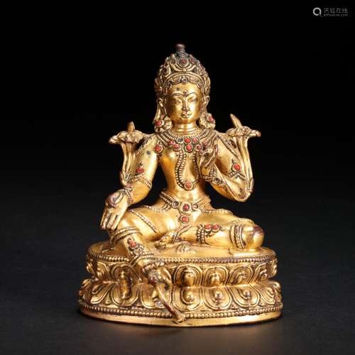 CHINESE BRONZE GILT BUDDHA STATUE INLAID WITH GEMSTONES, QIN...