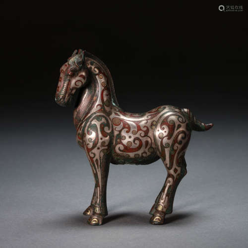 CHINESE BRONZE HORSE INLAID WITH GOLD AND SILVER, HAN DYNAST...