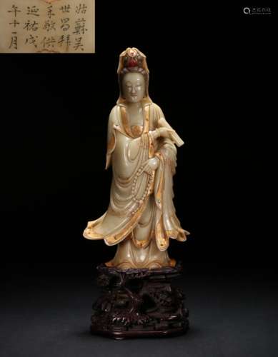 CHINESE SHOUSHAN STONE GUANYIN STATUE, QING DYNASTY