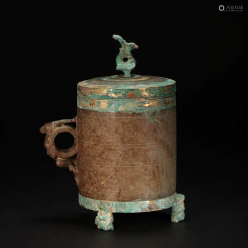 CHINESE HETIAN JADE BRONZE GILT GOLD EAR CUP, HAN DYNASTY