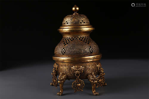 A Gilt Copper Tripod Incense Burner.