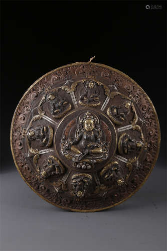 A Round Copper Buddha Plate with Gold Inlay.