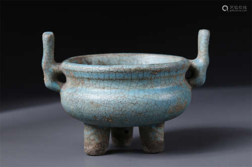 A Celeste Glazed Tripod Porcelain Censer.