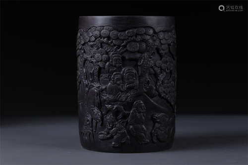 A Duanzhou Stone Brush Pot with Pine Motif.