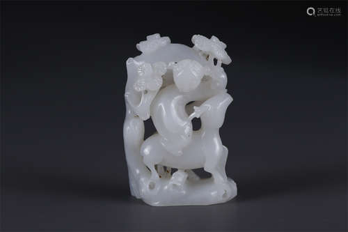 A Hetian White Jade Immortal&Deer Sculpture.