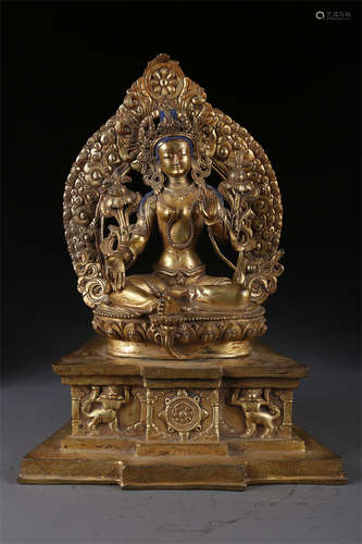 A Gilt Copper Green Tara Buddha Statue.