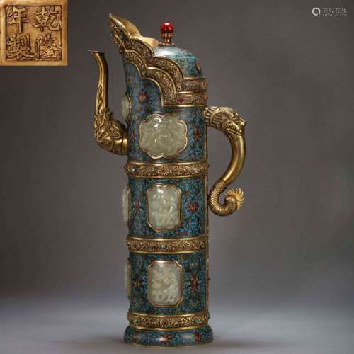 CHINESE COPPER GILT INLAID SILK ENAMEL INLAID HETIAN WHITE J...