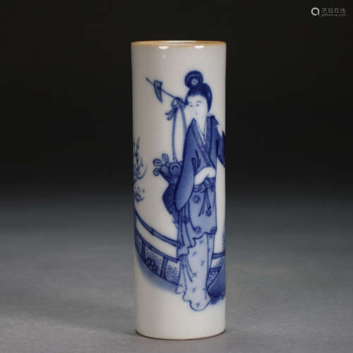 CHINESE BLUE AND WHITE PORCELAIN FIGURE INCENSE CYLINDER,  R...