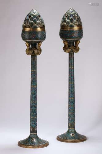 A PAIR OF CHINESE COPPER GILT INLAID ENAMEL BOSHAN FURNACES,...