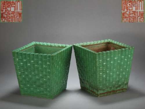 A PAIR OF CHINESE GREEN GLAZED PORCELAIN SQUARE FLOWER POT, ...