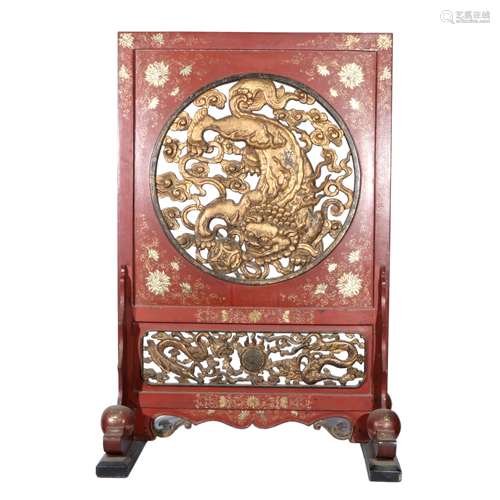 Lacquer Wooden Carving Gold Painted Screen, China