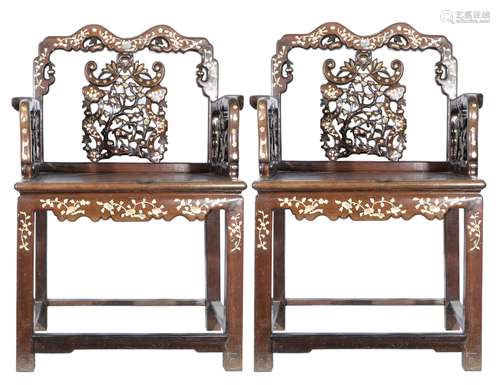 Pair Of Rosewood Chairs With Mother-Of-Pearl Inlay, China