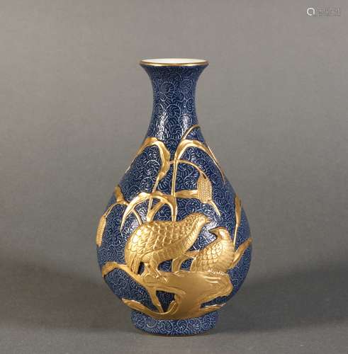 Blue Porcelain Carving Gold Gilded Bottle, China