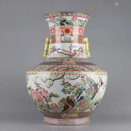 Qing Qianlong pastel flower and bird amphora