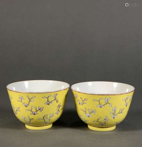 Pair Of Yellow Porcelain Famille Rose Porcelain Cups, China