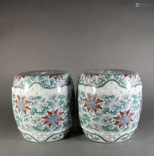 Pair Of Doucai Porcelain Drum Stools, China