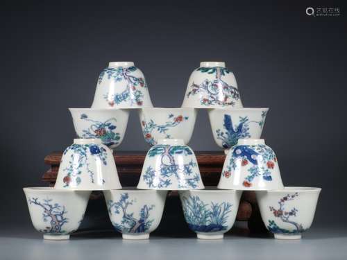 Doucai Twelve Flower God Cups in Kangxi Period of Qing Dynas...