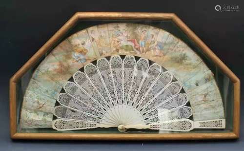 19Th Century Bone Carving Openwork Hand-Painted Fan, China