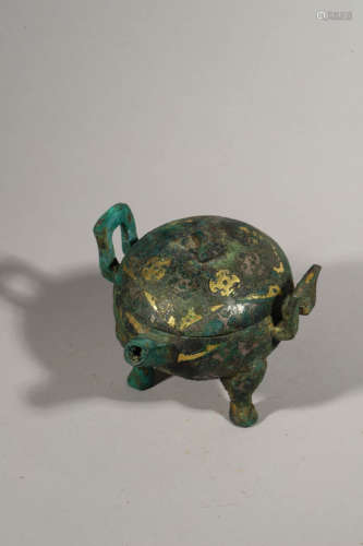 Gold Inlaying Bronze Tripod Censer