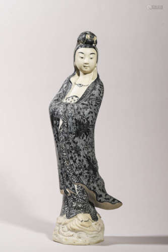 Grisaille Glaze Pottery Figure of Guanyin