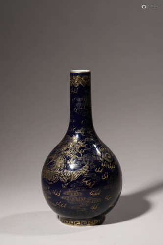 Gilt Decorated Blue-Ground Dragon Bottle Vase