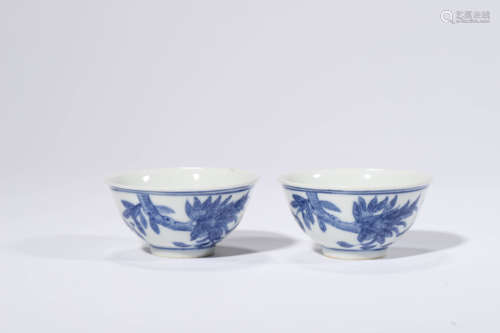 Pair of Blue and White Flower and Bird Cups