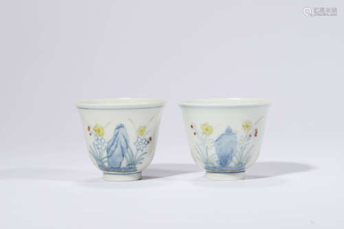 Pair of Doucai Glaze Floral Cups
