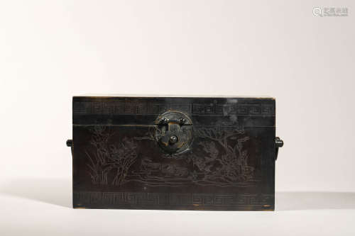 Engraved Iron Magpie and Prunus Box and Cover