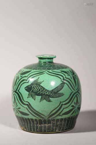 Green Enamel Carp and Algae Ovoid Jar