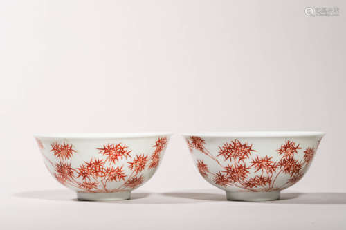 Pair of Coral-Red Glaze Bamboo Bowls