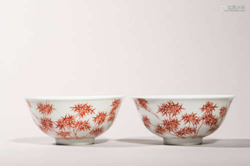 Pair of Coral-Red Glaze Bamboo Bowls